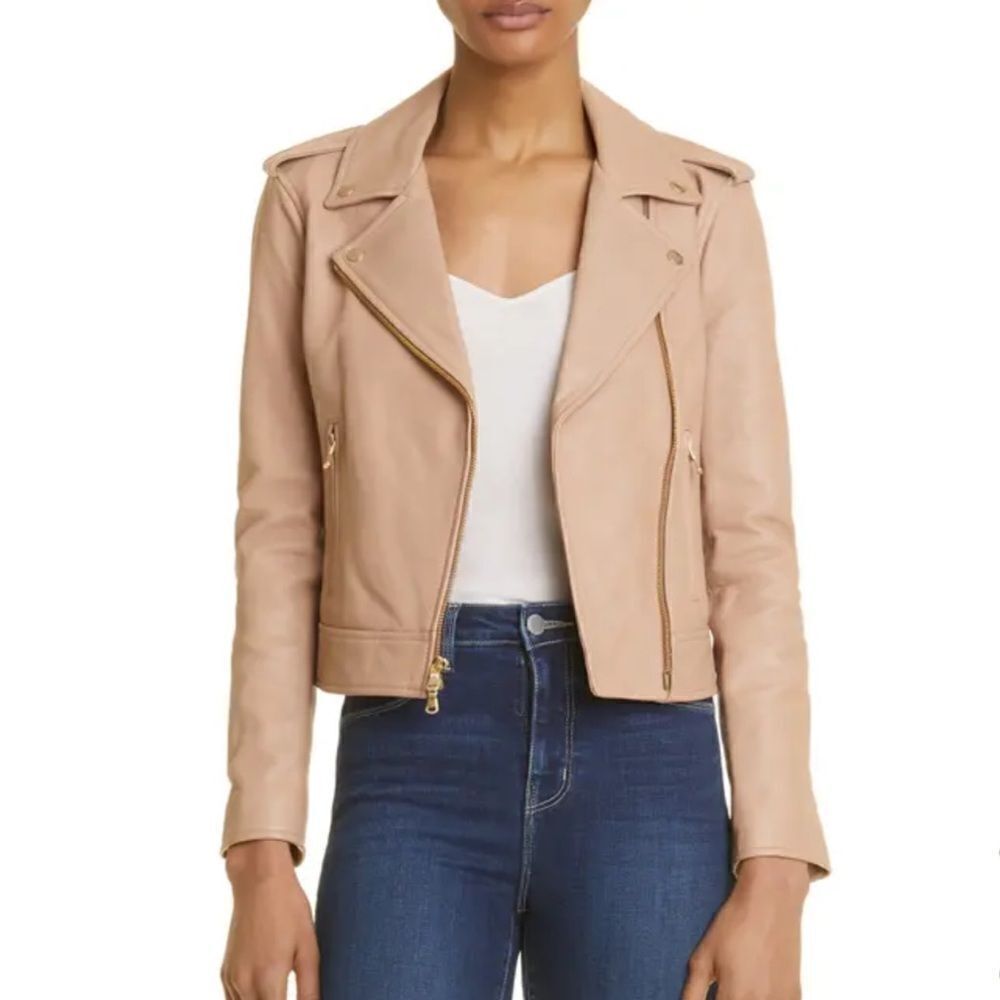 L’agence Lambskin Leather Biker Jacket in Cappuccino Small NEW MSRP $1350